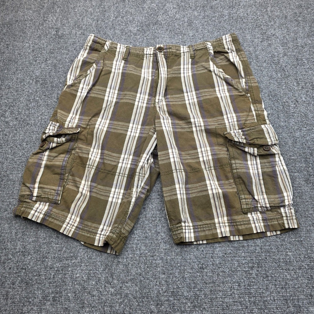 No Boundaries Men Cargo Shorts Size 34 Faded Green Plaid Y2K Utility 100% Cotton - Picture 2 of 6